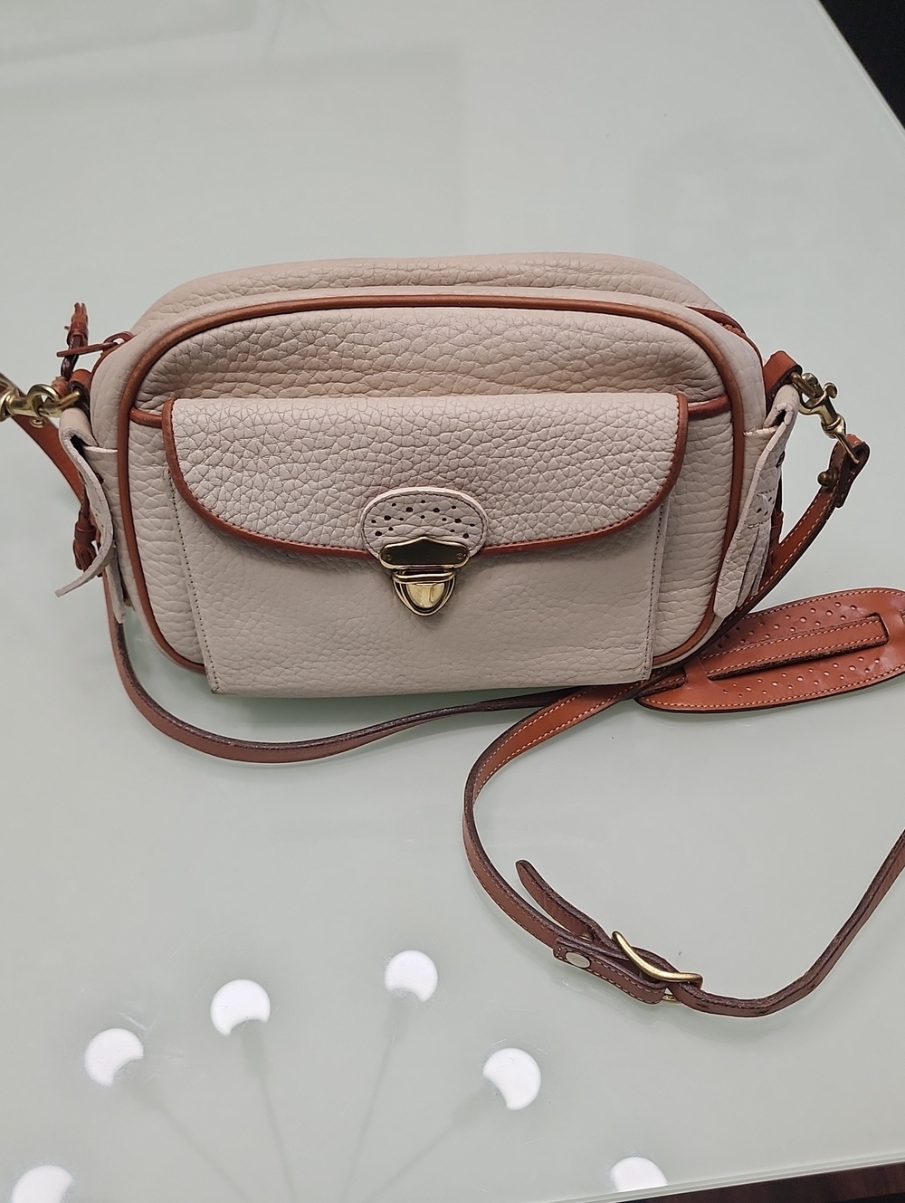 Dooney & Bourke Vintage Pebbled Leather Crossbody in Light Blush with Tan Trim